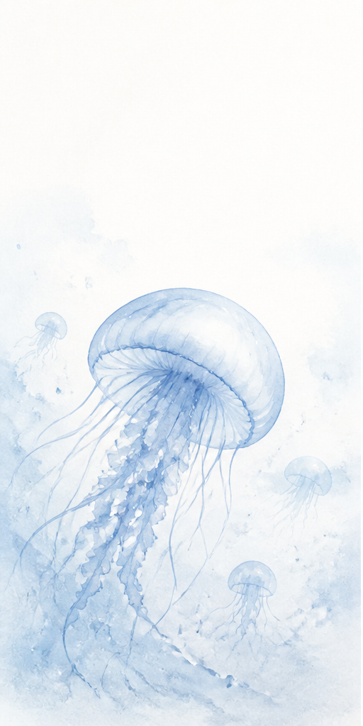 深海を漂うクラゲの淡い水彩画