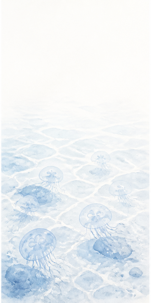 浅瀬のクラゲと波紋の淡い水彩画