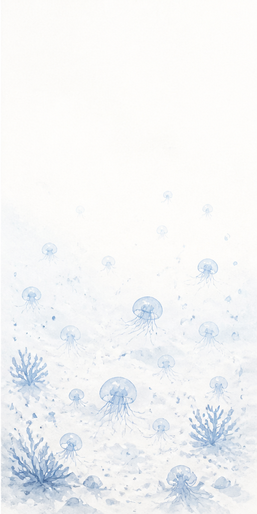 白い海底を漂うクラゲの群れの淡い水彩画