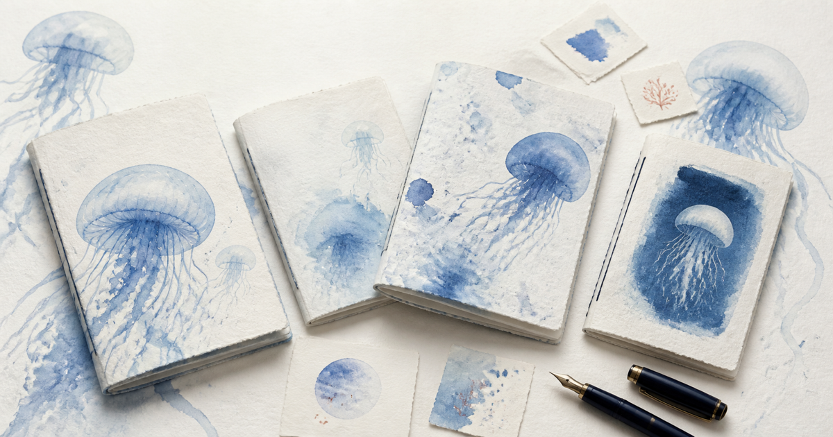 水彩のクラゲを描いた手製本の冊子を並べた、くらげ書房のラインナップ